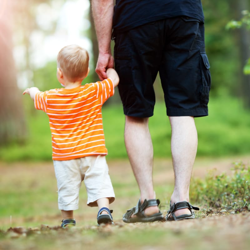 Father walking hand in hand with his toddler